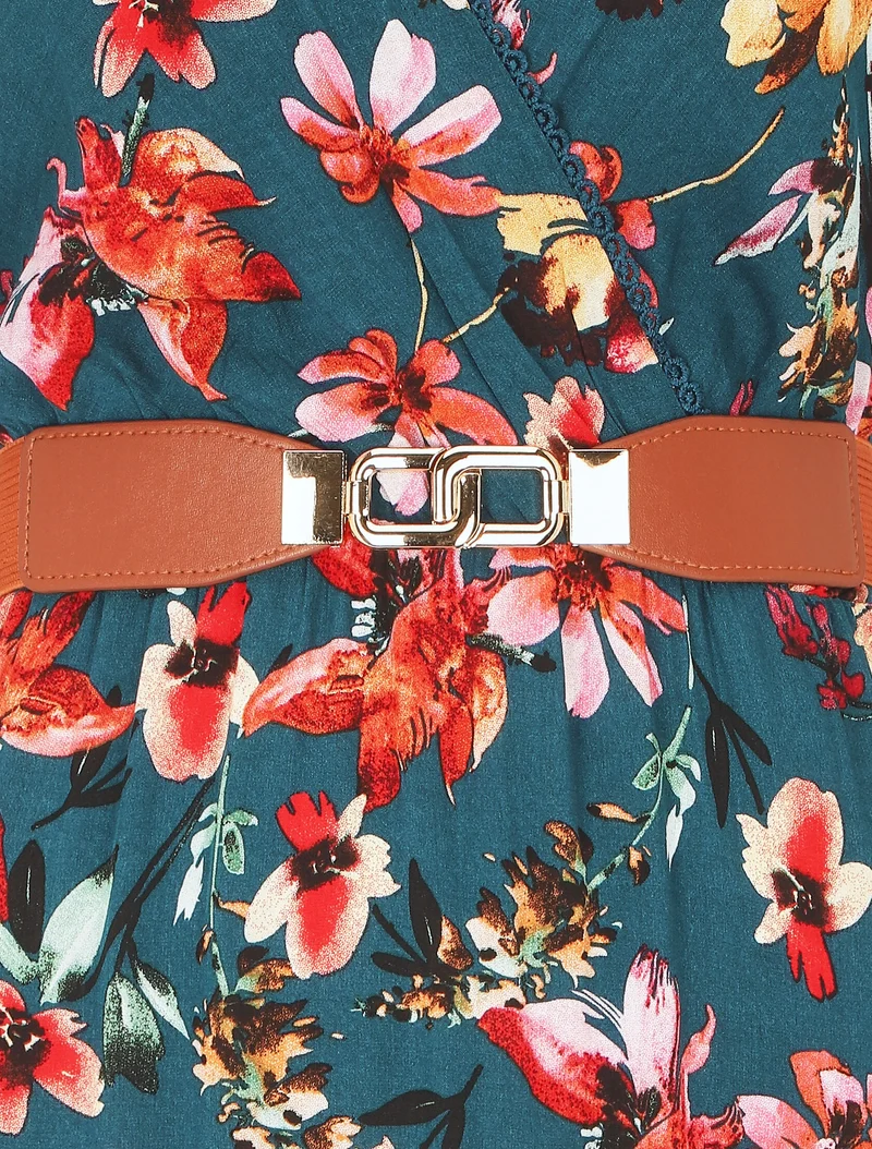 Kleid mit Blumenmuster und V-Ausschnitt - Entenblau