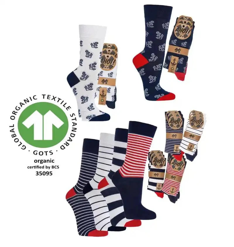Maritime Bio Socken aus Biobaumwolle mit Ringeln und Anker Motiven
