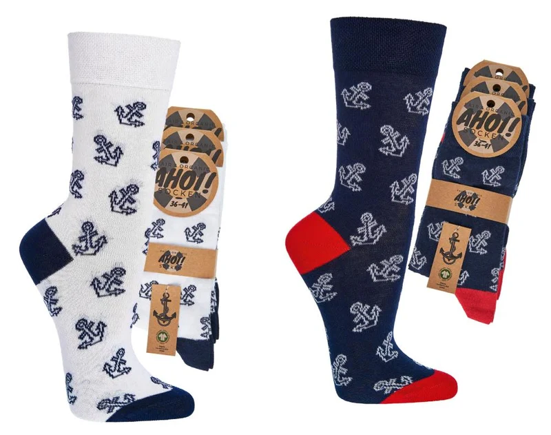 Maritime Bio Socken aus Biobaumwolle mit Ringeln und Anker Motiven