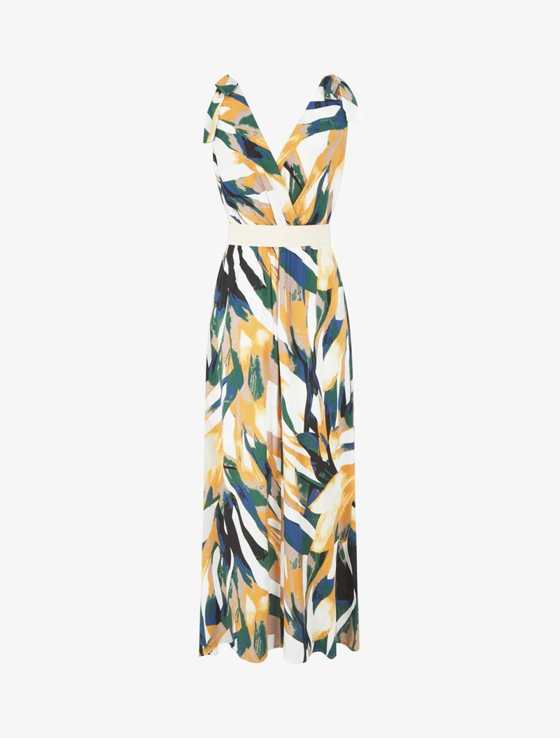 Kleid mit abstraktem Druck und Knoten an den Schultern - Gelb