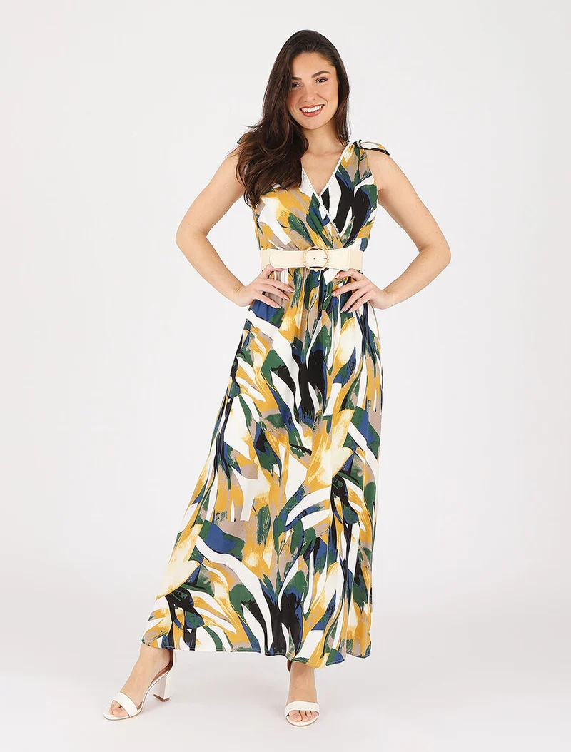 Kleid mit abstraktem Druck und Knoten an den Schultern - Gelb