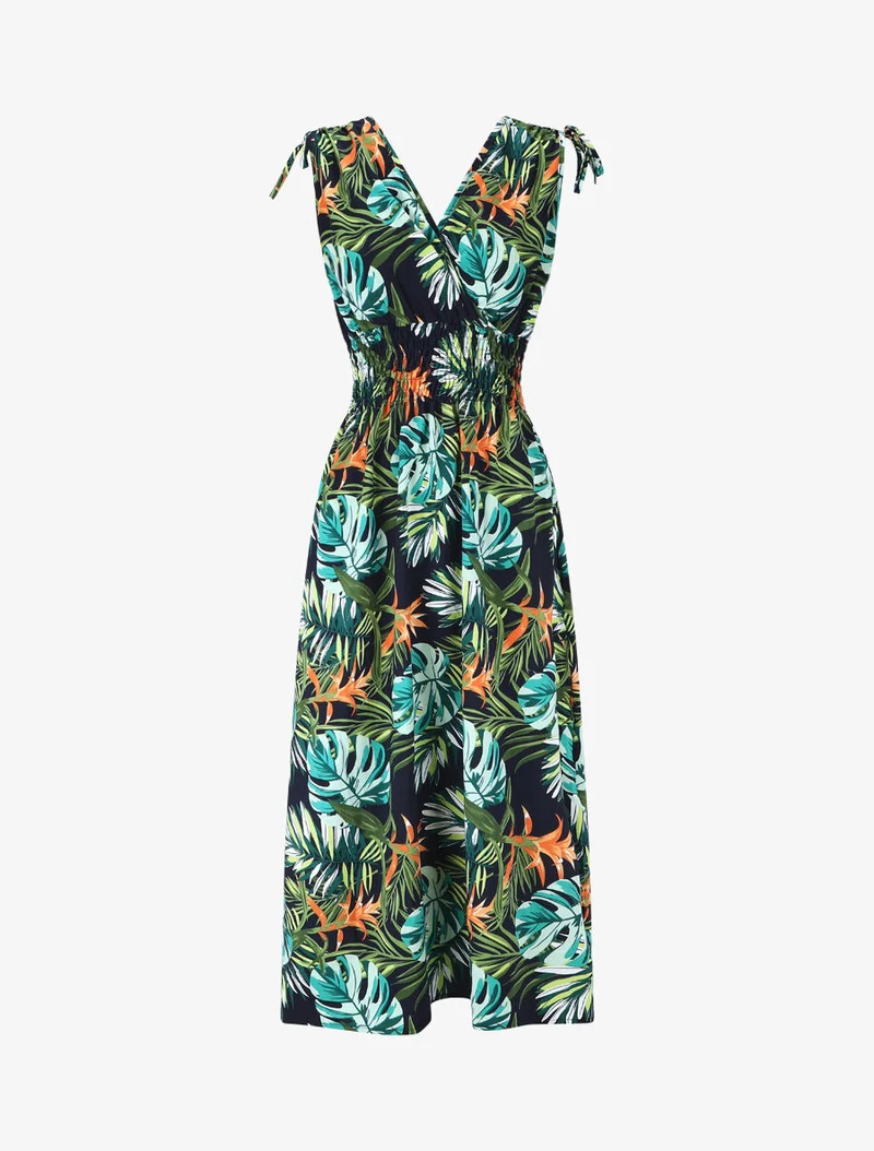 Langes Kleid mit tropischem Print und elastischem Bund - Grün