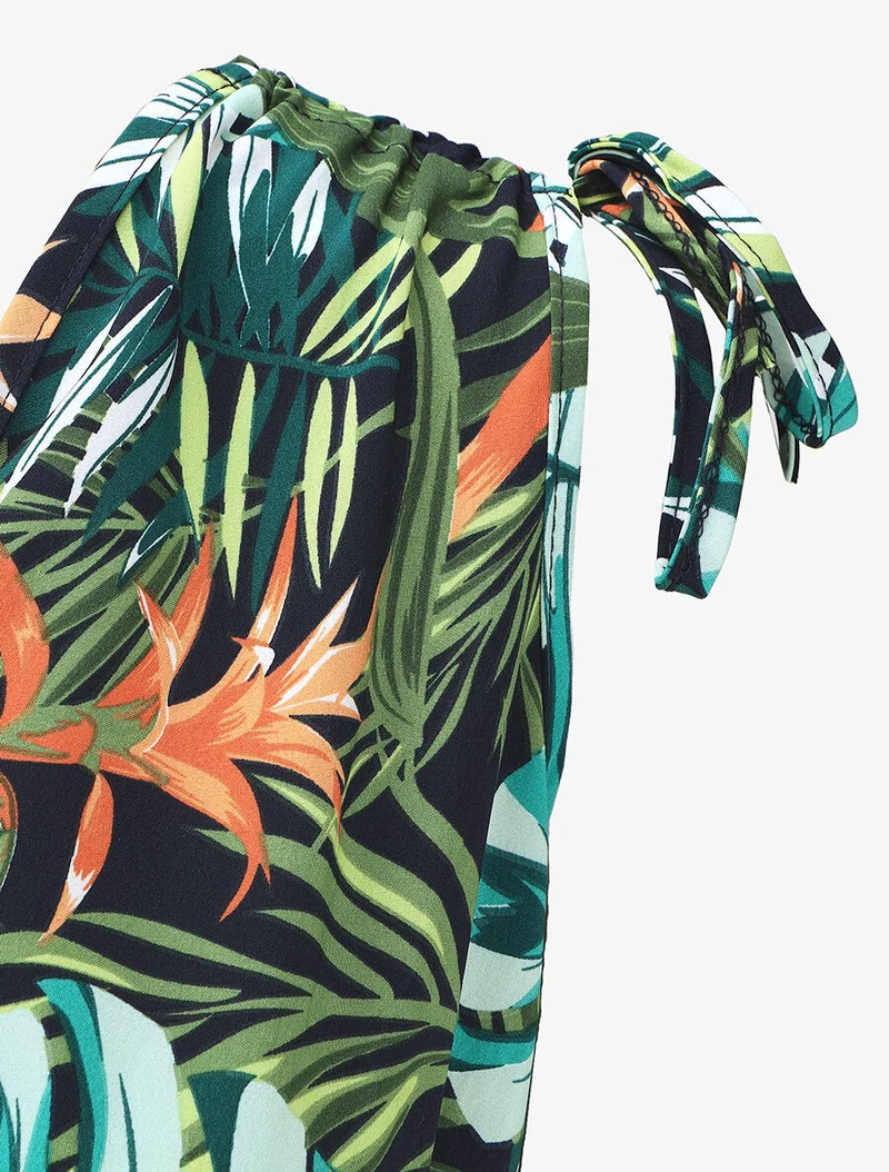 Langes Kleid mit tropischem Print und elastischem Bund - Grün