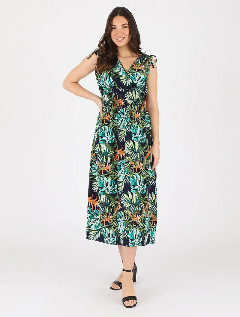 Langes Kleid mit tropischem Print und elastischem Bund - Grün