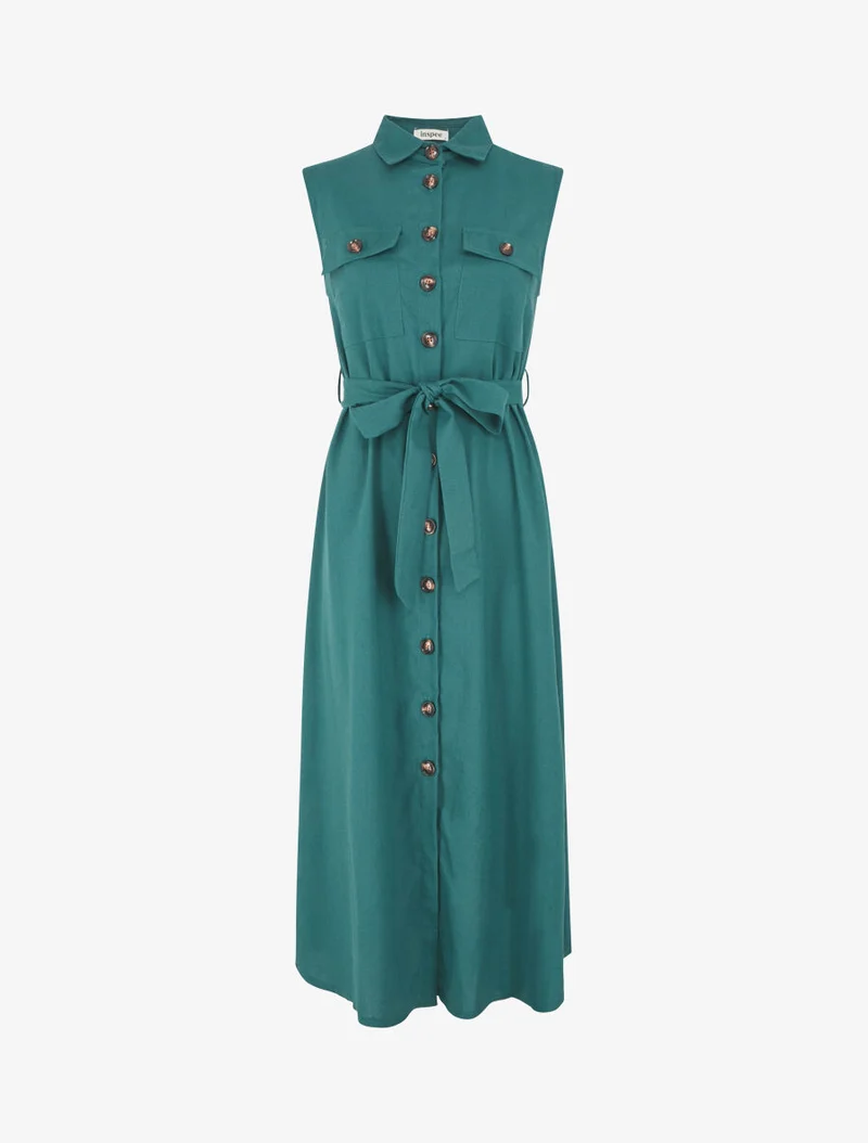 Ausgestelltes Kleid mit Knöpfen und Taschen - Entenblau