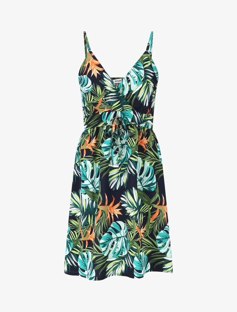 Kurzes Kleid mit Blattdruck - Grün