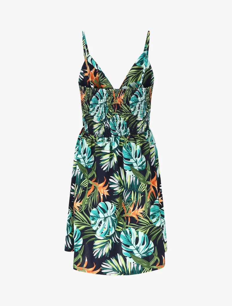 Kurzes Kleid mit Blattdruck - Grün