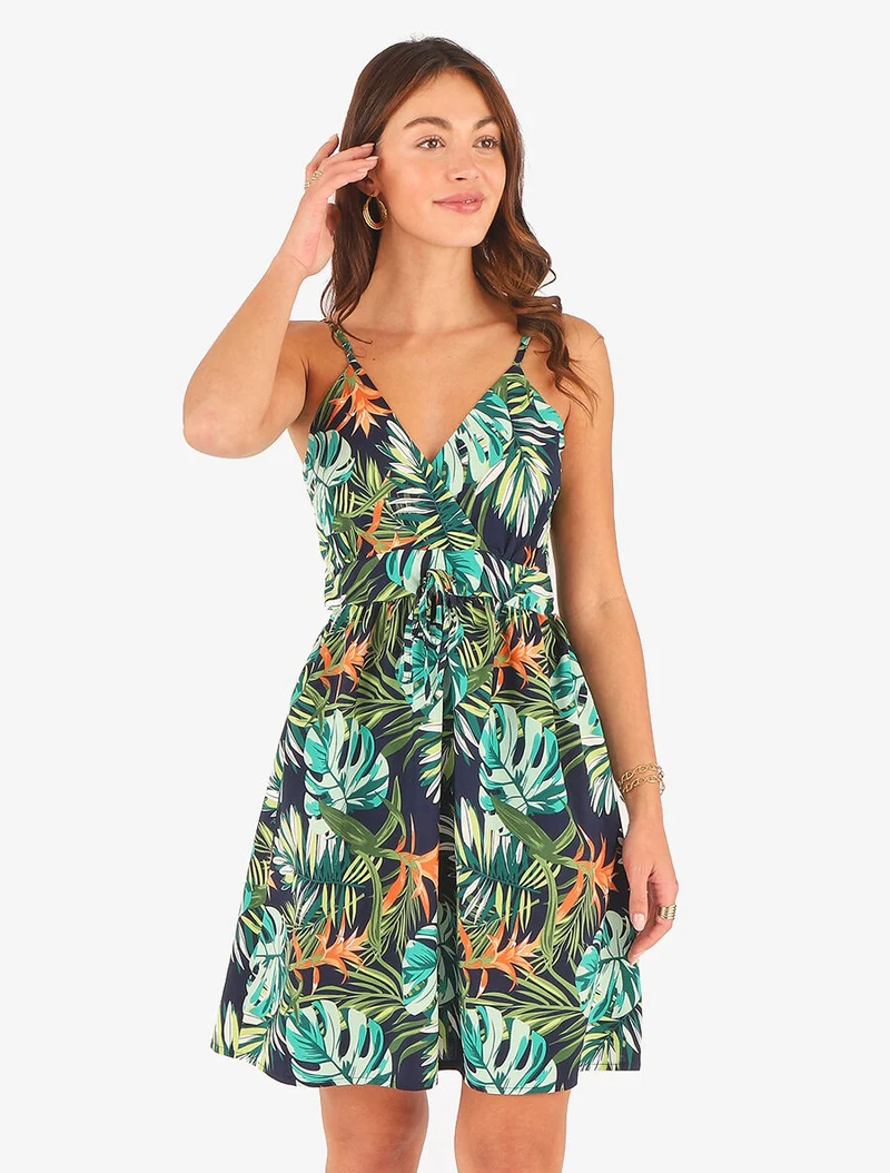 Kurzes Kleid mit Blattdruck - Grün