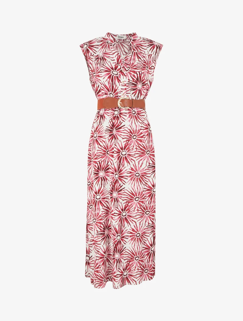 Ausgestelltes Kleid mit Knopfleiste und Blumenmuster - Rot