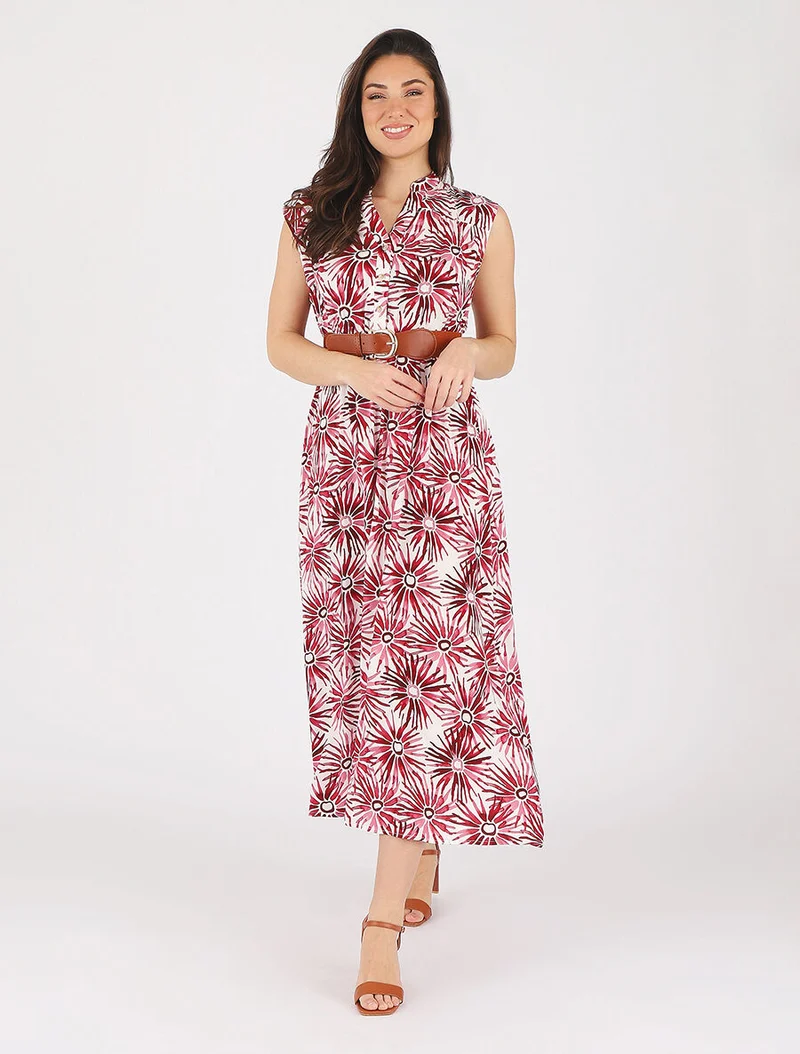 Ausgestelltes Kleid mit Knopfleiste und Blumenmuster - Rot