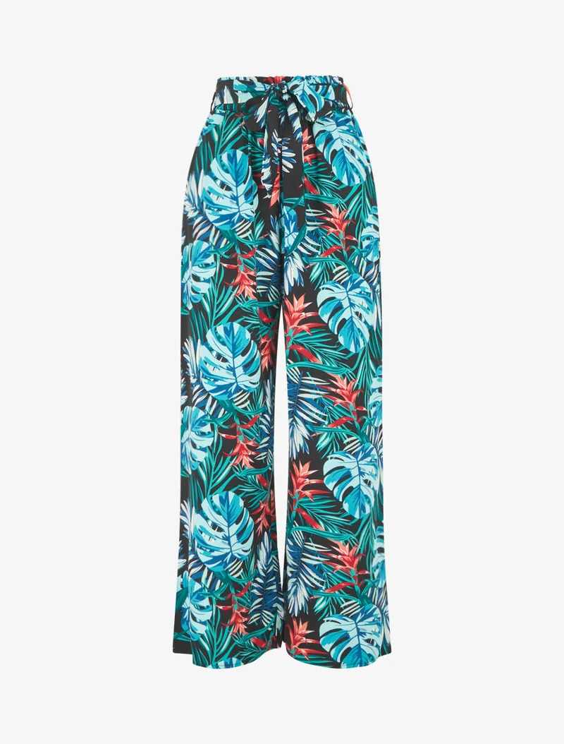 Weite Hose mit Blättermuster - Blau