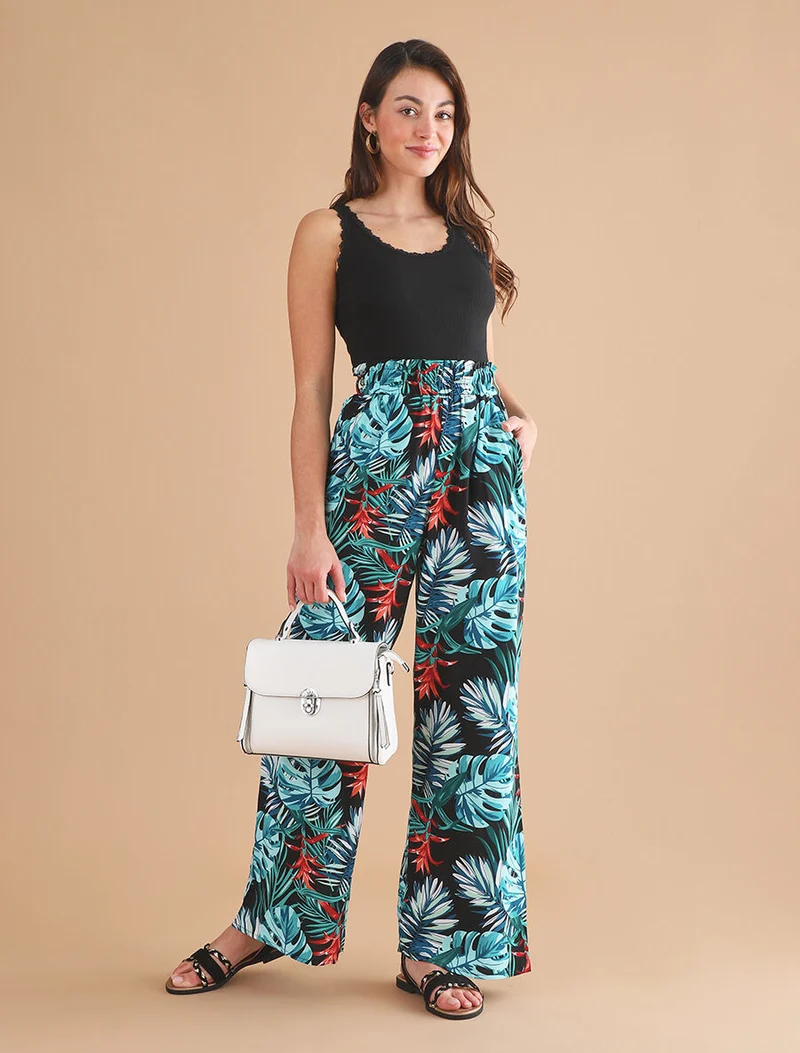 Weite Hose mit Blättermuster - Blau