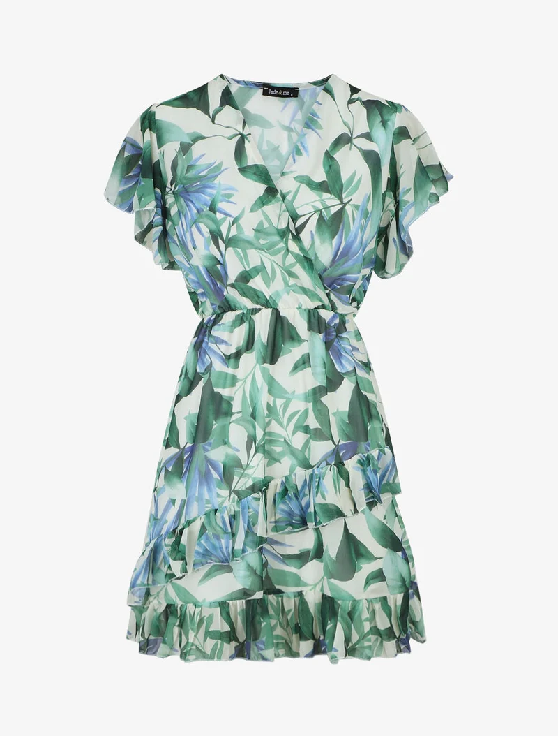 Kurzes Kleid mit Volants und tropischem Print - Grün
