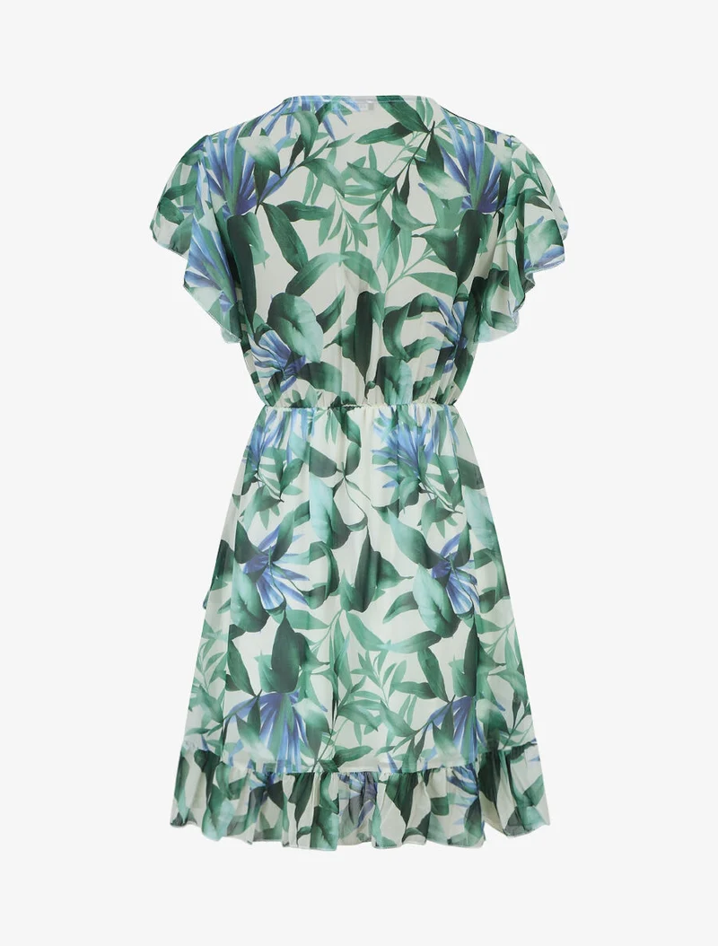 Kurzes Kleid mit Volants und tropischem Print - Grün