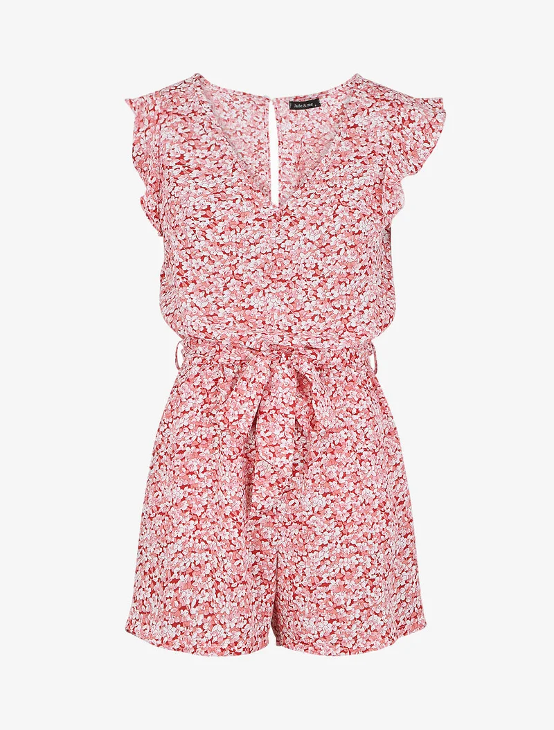 Fließender, geblümter Jumpsuit mit Flügelärmeln. - Rot