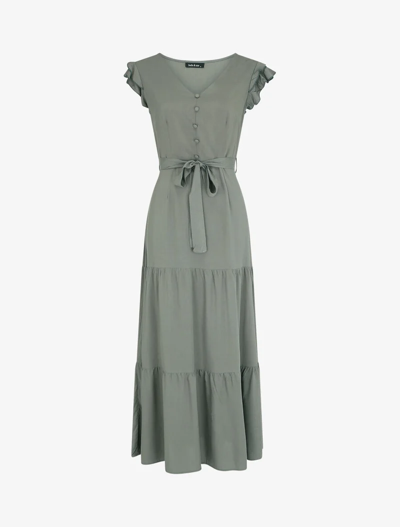 Ärmelloses, einfarbiges, langes Kleid mit Rüschen. - Kaki