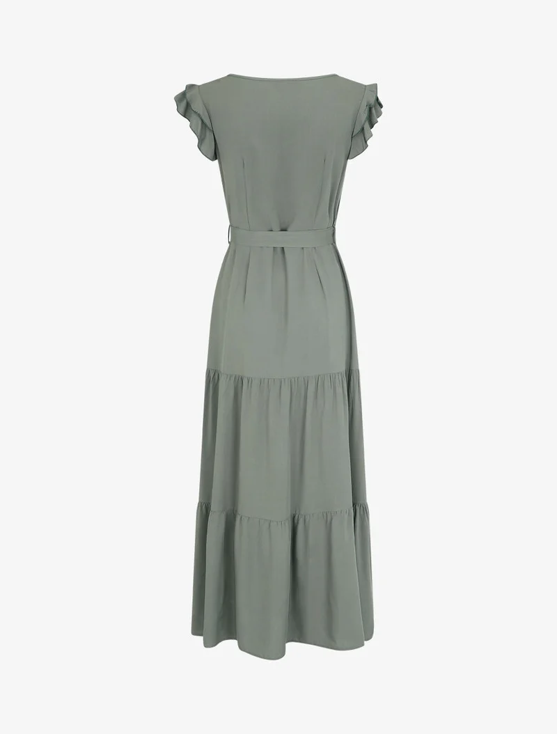 Ärmelloses, einfarbiges, langes Kleid mit Rüschen. - Kaki