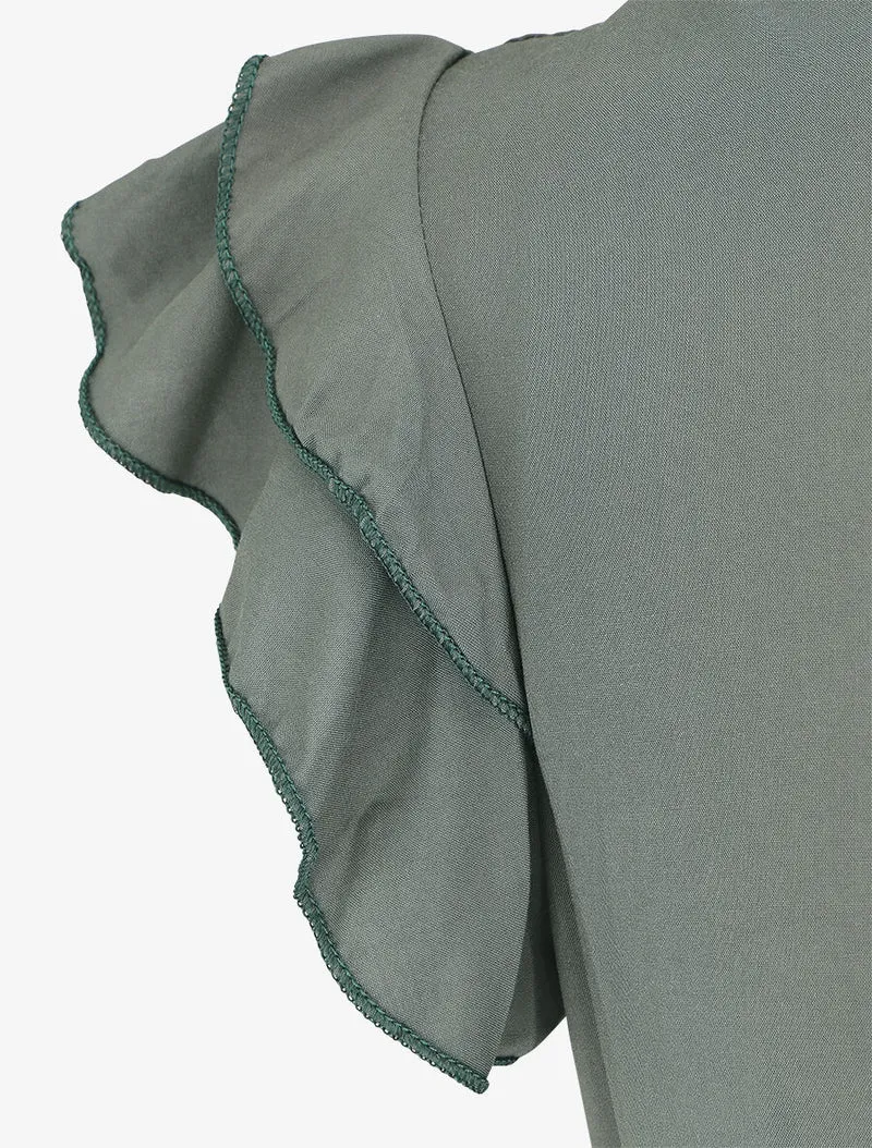 Ärmelloses, einfarbiges, langes Kleid mit Rüschen. - Kaki