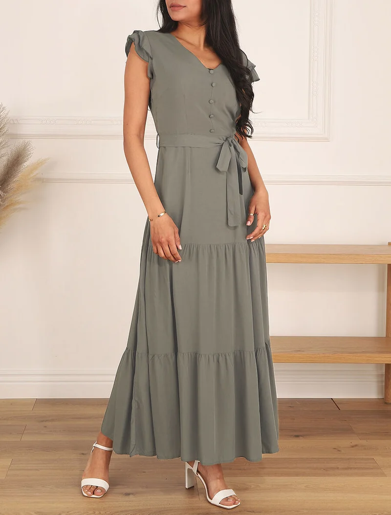 Ärmelloses, einfarbiges, langes Kleid mit Rüschen. - Kaki