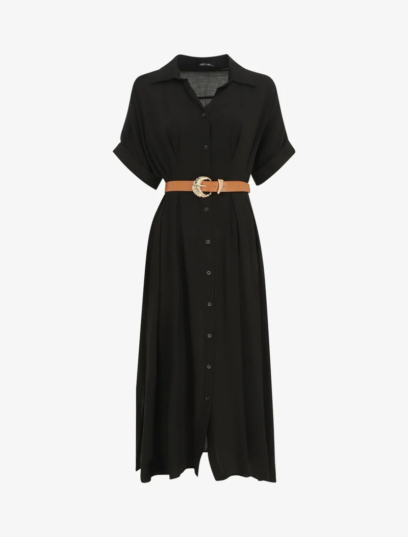 Langes Hemdkleid mit Gürtel - Schwarz