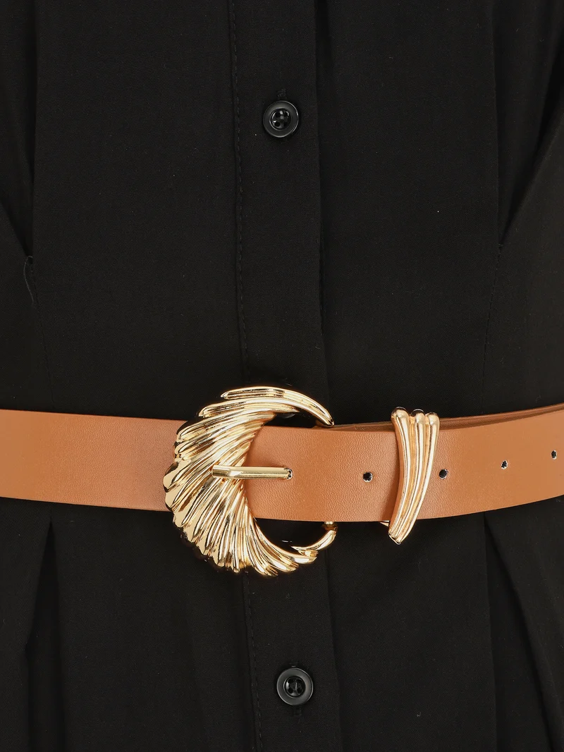 Langes Hemdkleid mit Gürtel - Schwarz