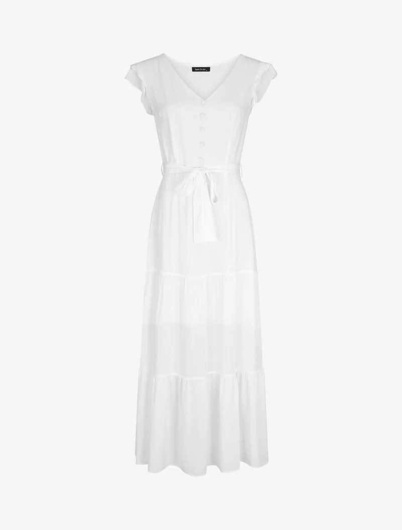 Ärmelloses, einfarbiges, langes Kleid mit Rüschen. - Weiß