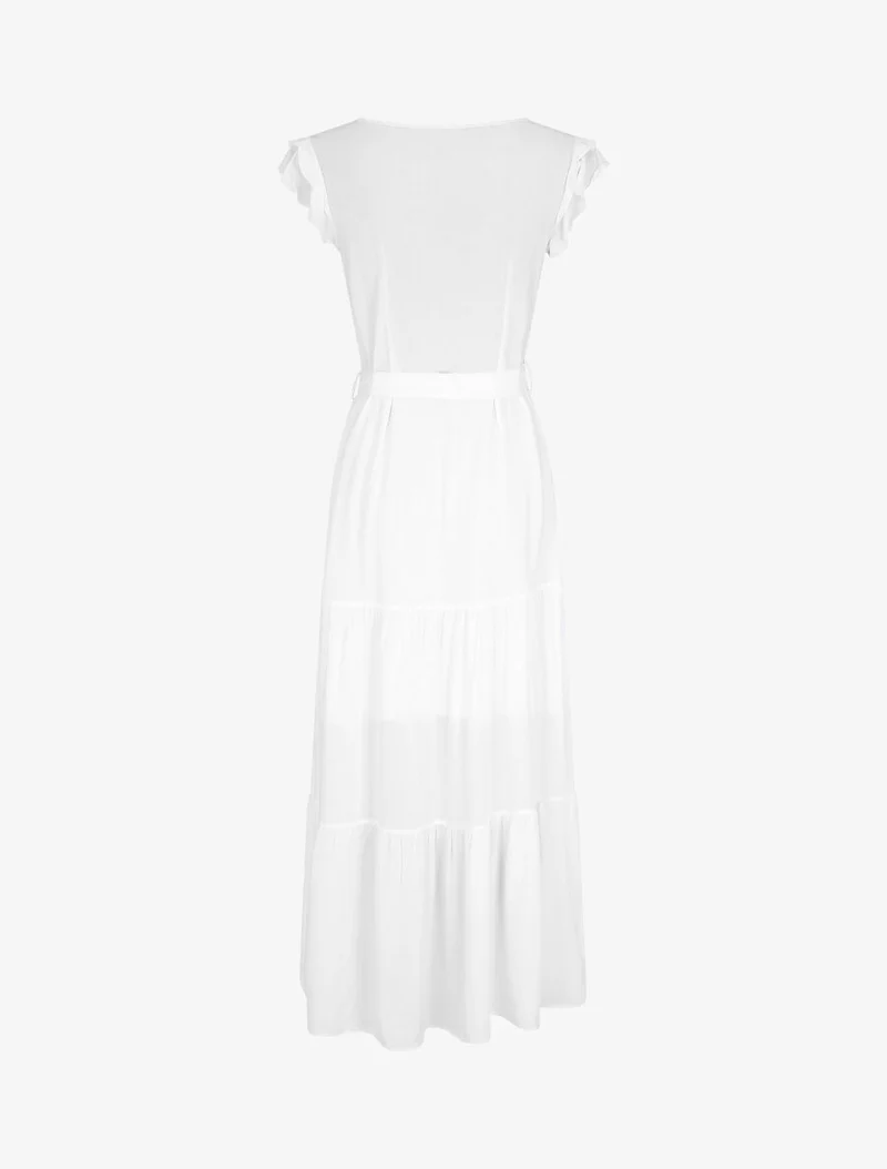 Ärmelloses, einfarbiges, langes Kleid mit Rüschen. - Weiß