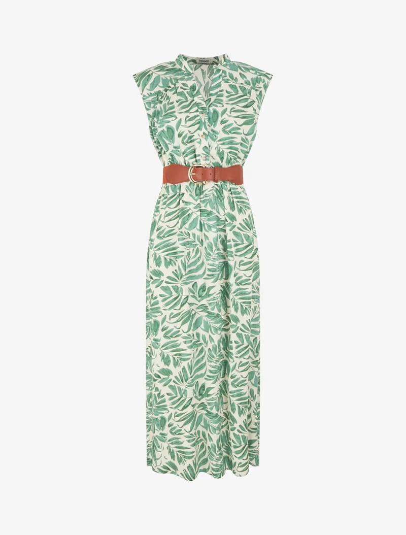 Ausgestelltes Kleid mit pflanzlichem Druck und Knöpfen - Grün
