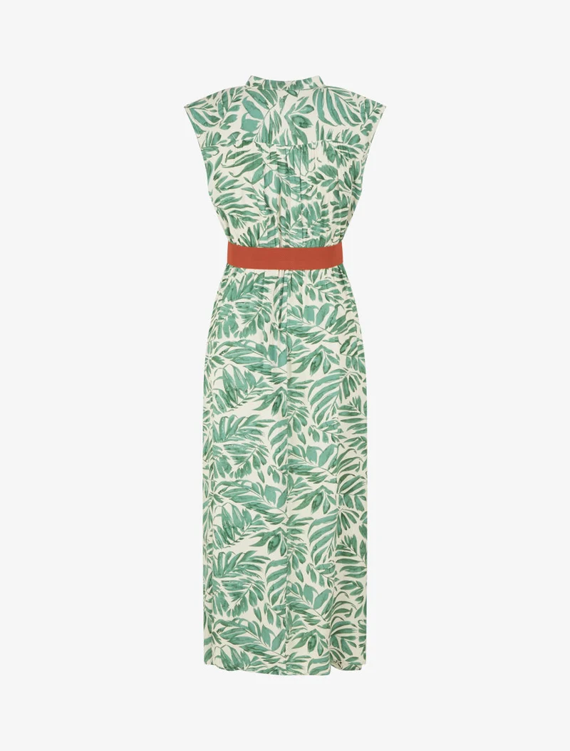 Ausgestelltes Kleid mit pflanzlichem Druck und Knöpfen - Grün