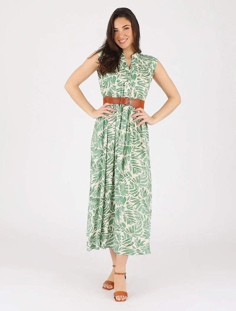 Ausgestelltes Kleid mit pflanzlichem Druck und Knöpfen - Grün