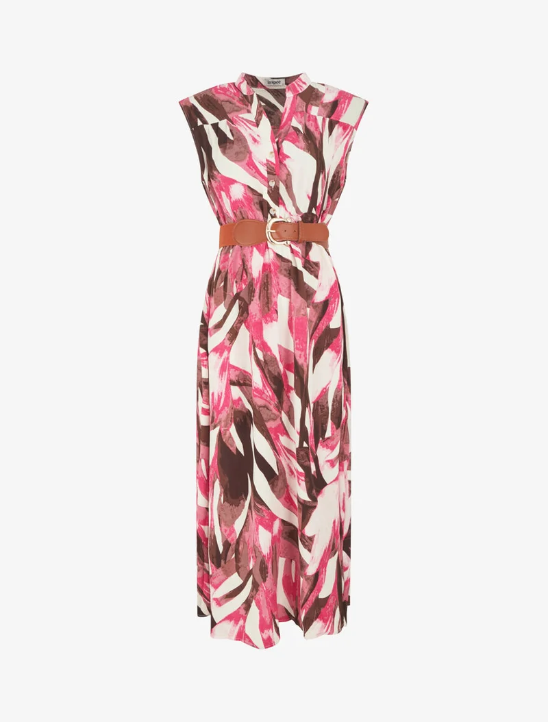 Ausgestelltes Kleid mit abstraktem Print und Knöpfen - Fuchsie
