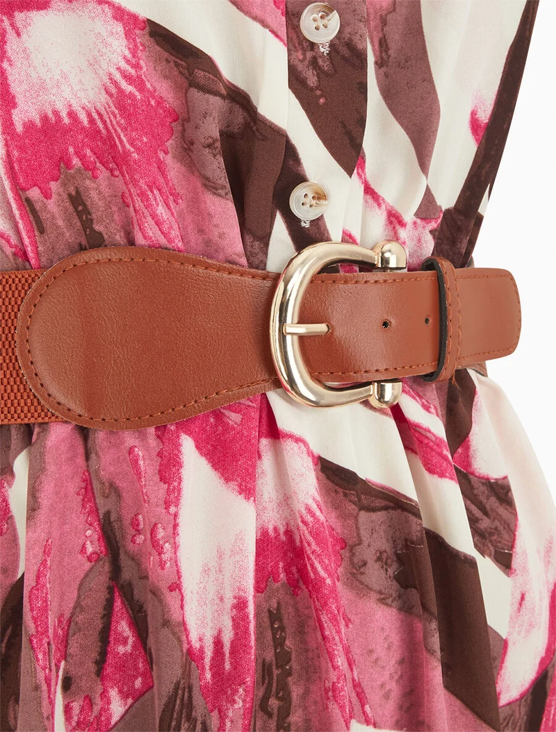 Ausgestelltes Kleid mit abstraktem Print und Knöpfen - Fuchsie