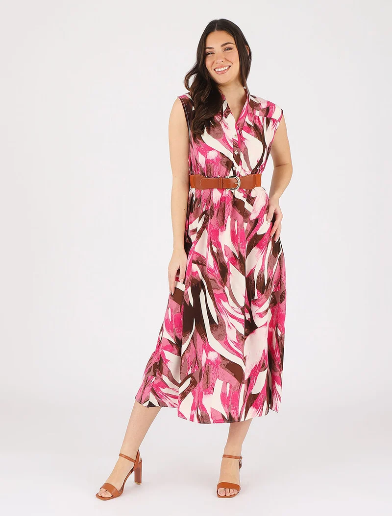 Ausgestelltes Kleid mit abstraktem Print und Knöpfen - Fuchsie