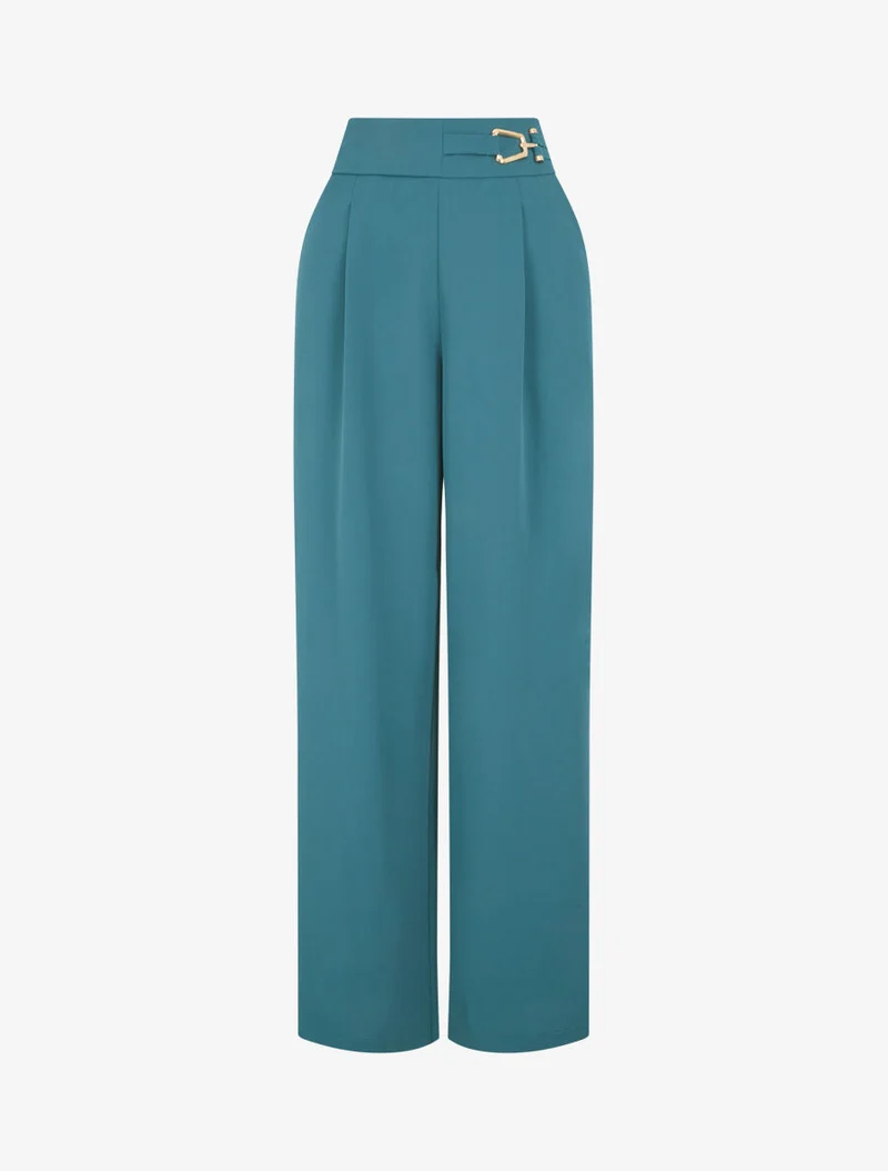Weite Hose mit goldenen Details - Entenblau