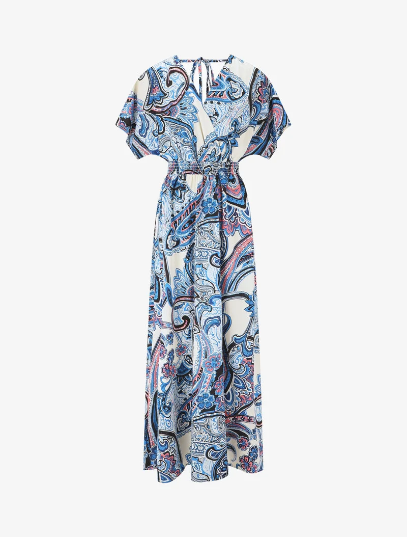 Langärmeliges Kleid mit Paisley-Muster. - Blau