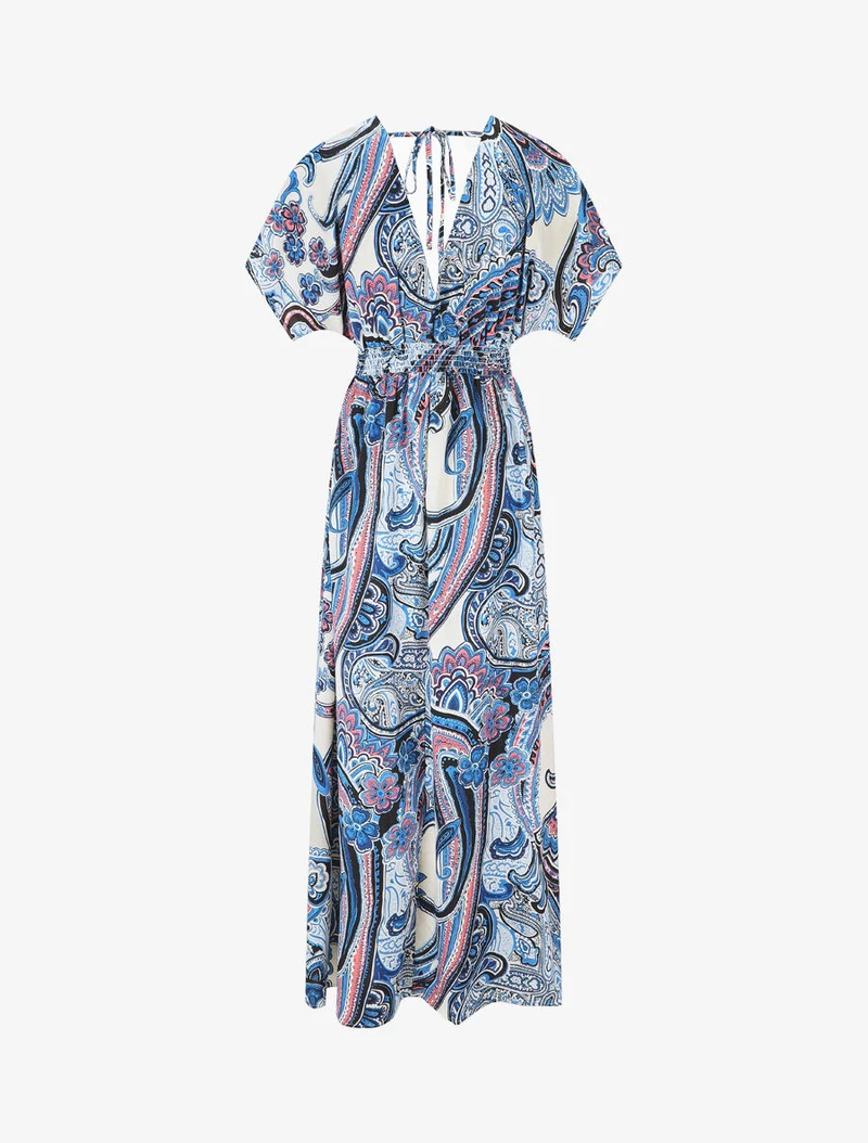 Langärmeliges Kleid mit Paisley-Muster. - Blau