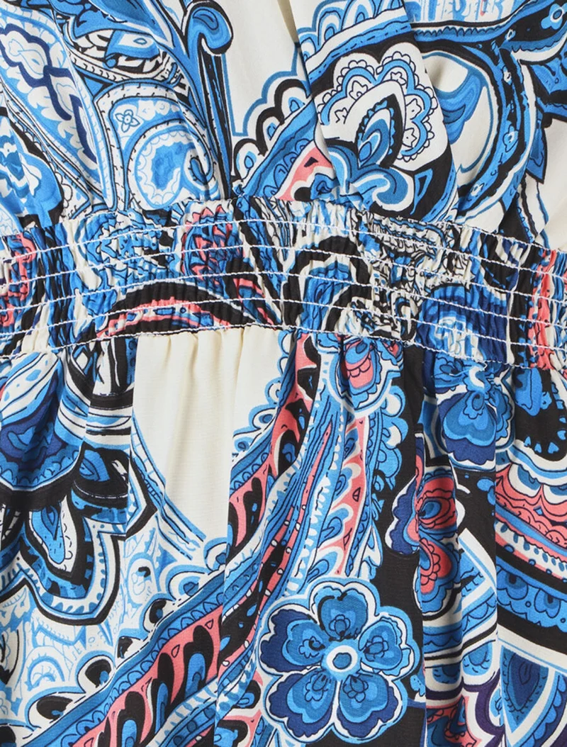 Langärmeliges Kleid mit Paisley-Muster. - Blau