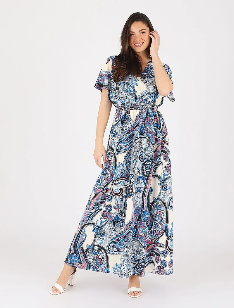 Langärmeliges Kleid mit Paisley-Muster. - Blau