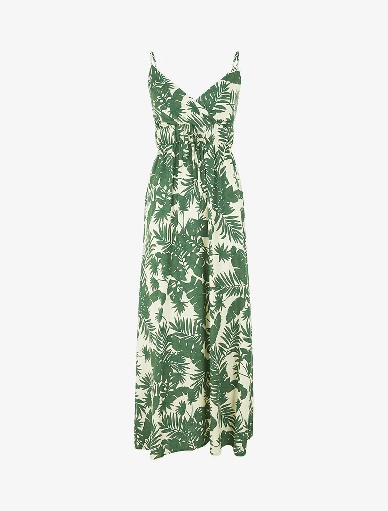 Langes Kleid mit Blätterdruck - Beige