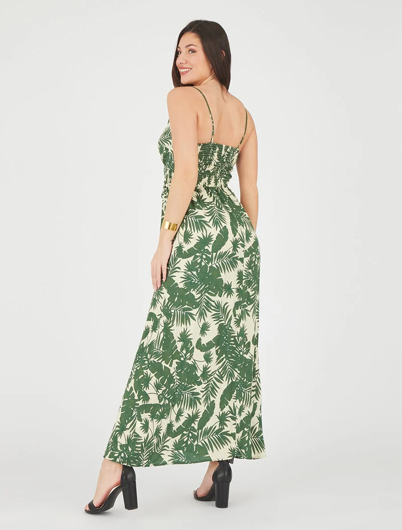 Langes Kleid mit Blätterdruck - Beige