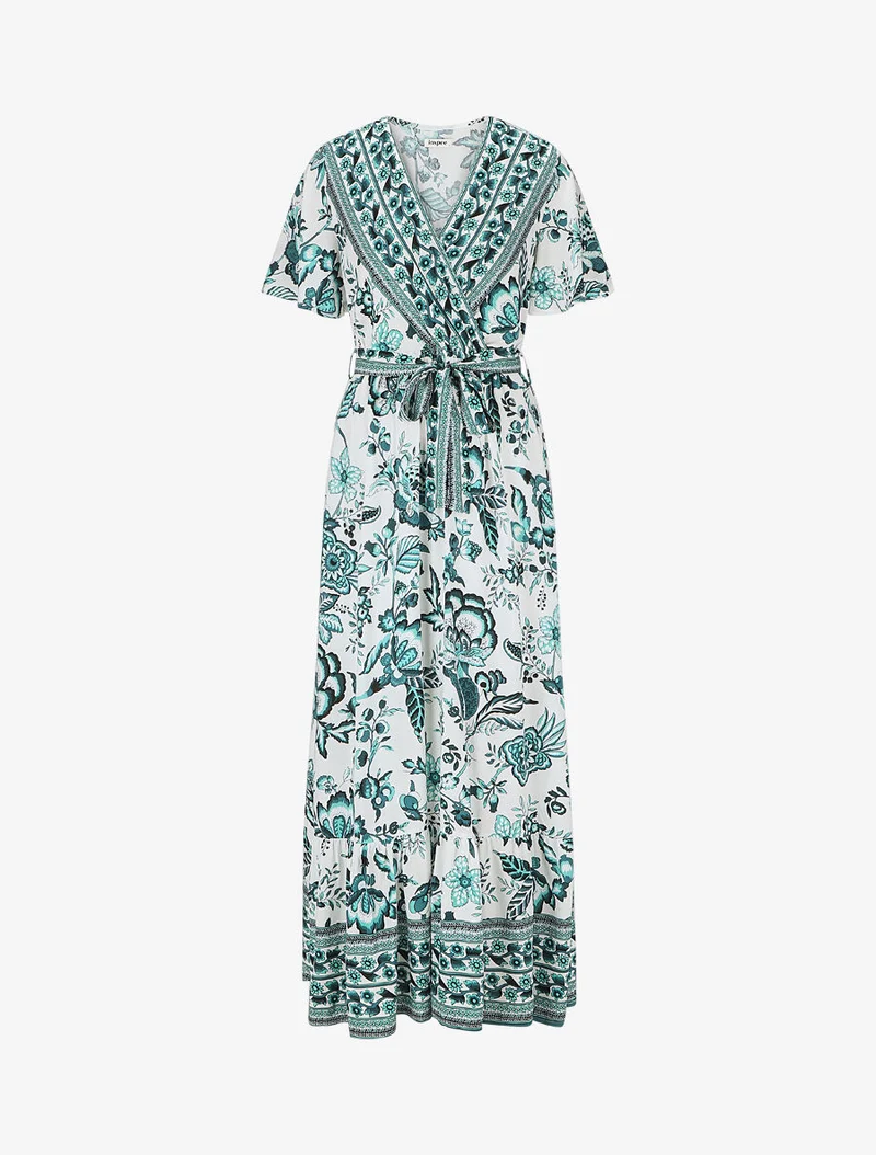Kleid mit Blumenmuster und elastischer Taille - Grün