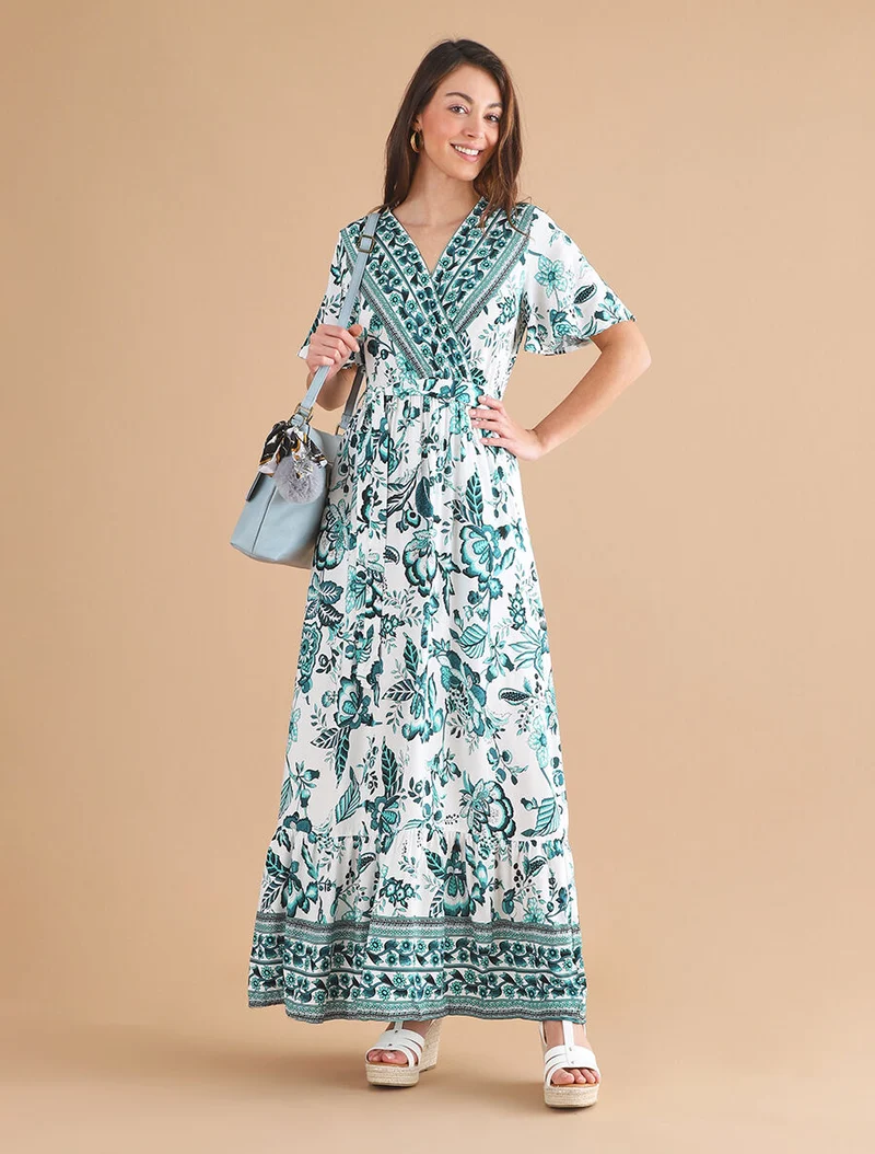 Kleid mit Blumenmuster und elastischer Taille - Grün