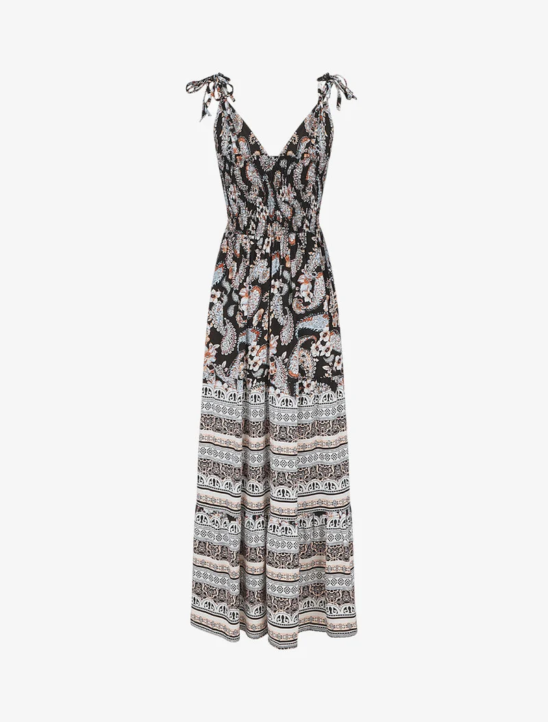 Langes Kleid mit Schal- und Mosaikdruck - Schwarz