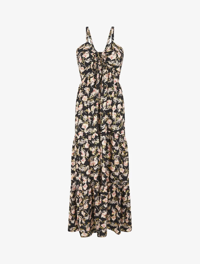 Langes ausgestelltes Kleid mit schimmerndem Blumenmuster und Trägern. - Schwarz