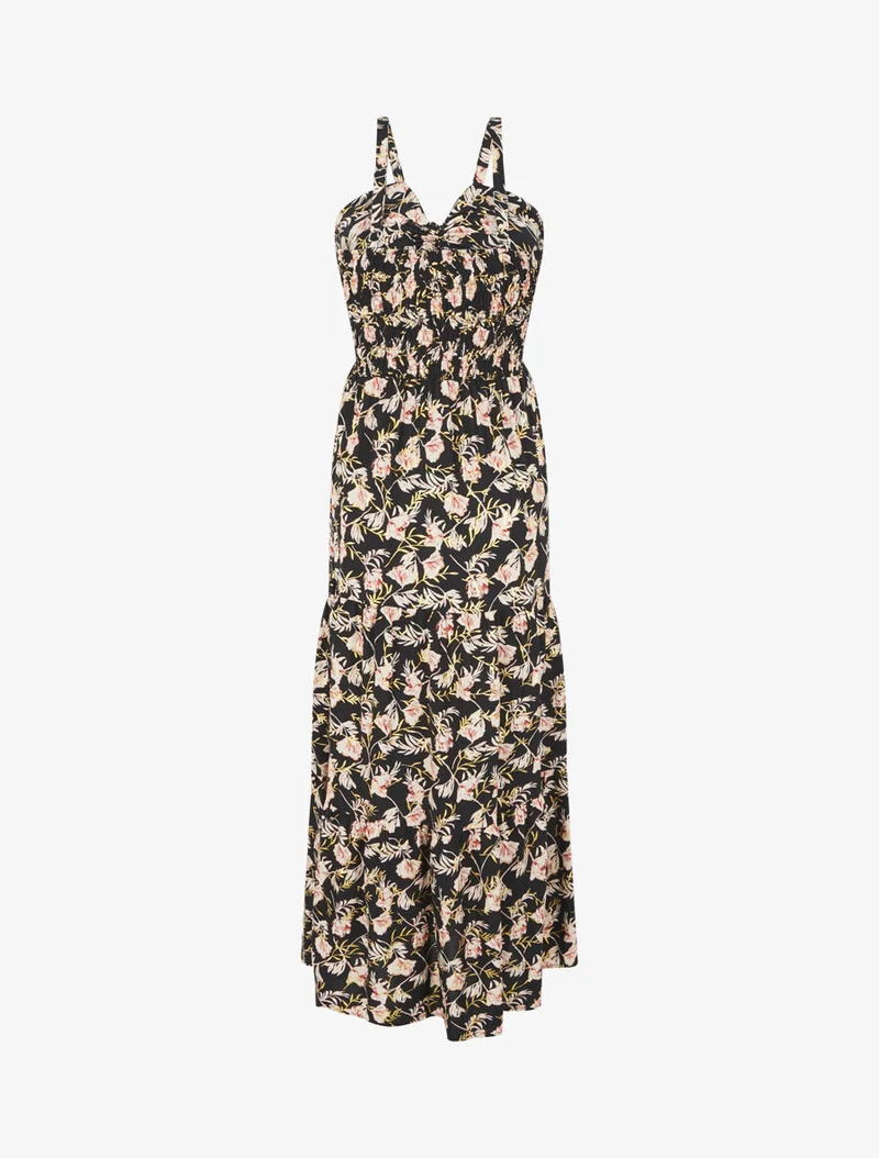 Langes ausgestelltes Kleid mit schimmerndem Blumenmuster und Trägern. - Schwarz