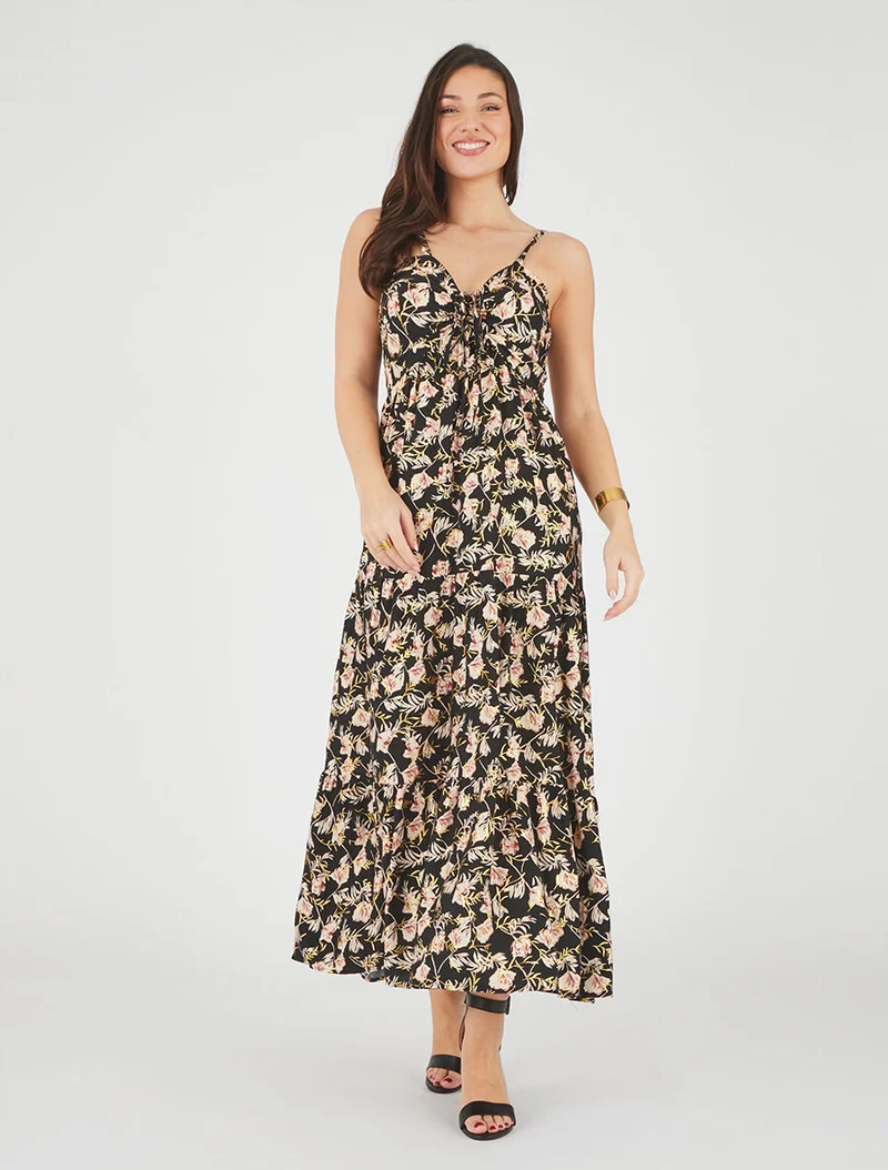 Langes ausgestelltes Kleid mit schimmerndem Blumenmuster und Trägern. - Schwarz