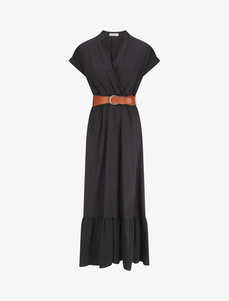 Langes einfarbiges Kleid mit kurzen Ärmeln - Marine