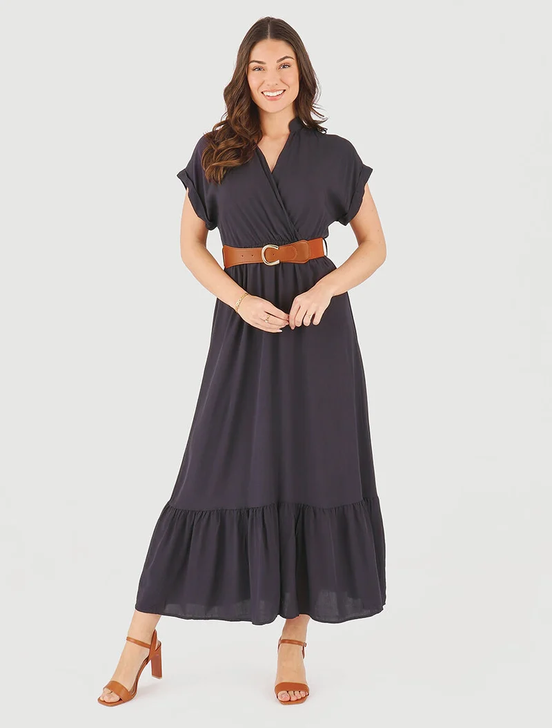 Langes einfarbiges Kleid mit kurzen Ärmeln - Marine