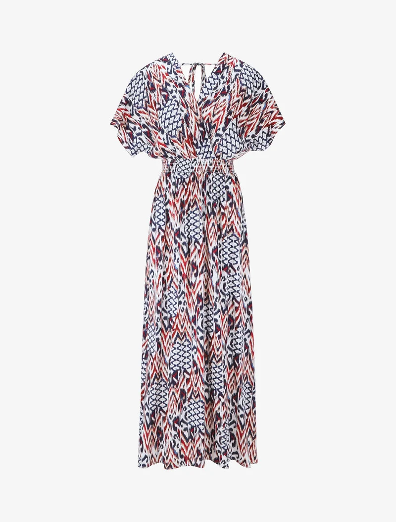 Langes Kleid mit kurzen Ärmeln und grafischem Druck - Marine