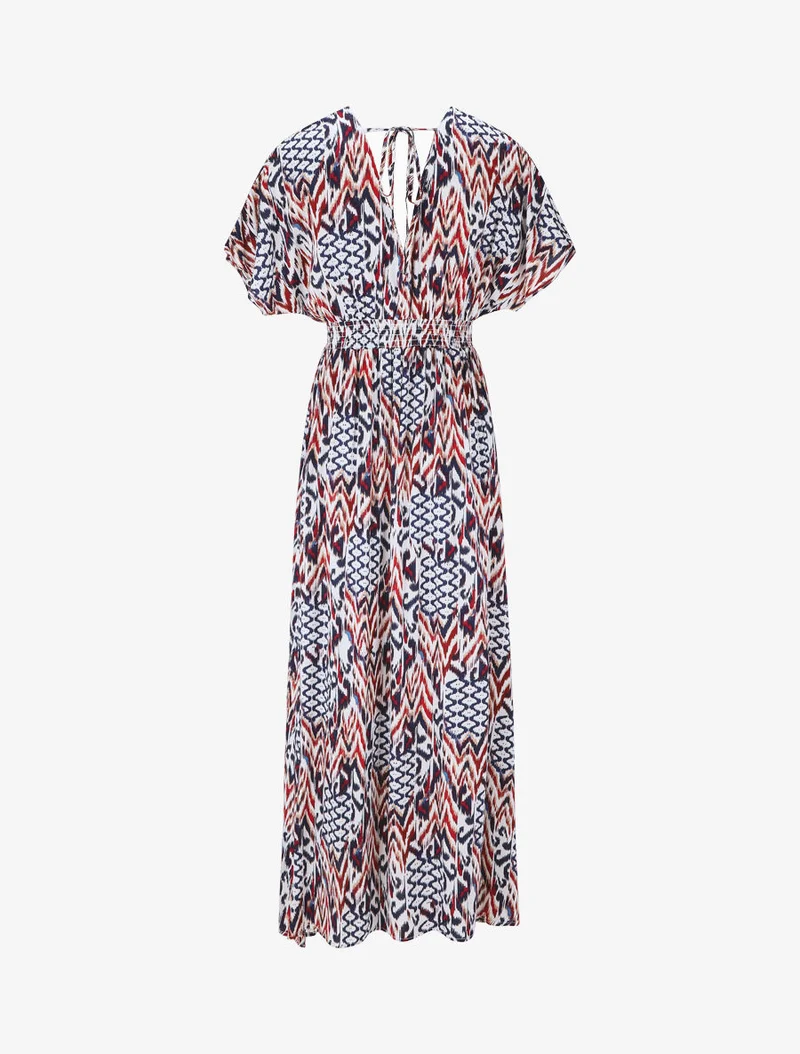 Langes Kleid mit kurzen Ärmeln und grafischem Druck - Marine